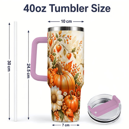 #pl[40oz|Pink] Autumn Pumpkin Floral 40oz Tumbler, Sunflower Harvest Artwork