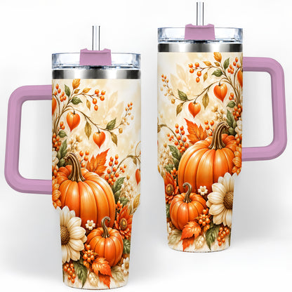 #pl[40oz|Pink] Autumn Pumpkin Floral 40oz Tumbler, Sunflower Harvest Artwork