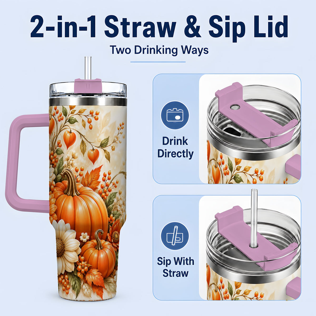 #pl[40oz|Pink] Autumn Pumpkin Floral 40oz Tumbler, Sunflower Harvest Artwork