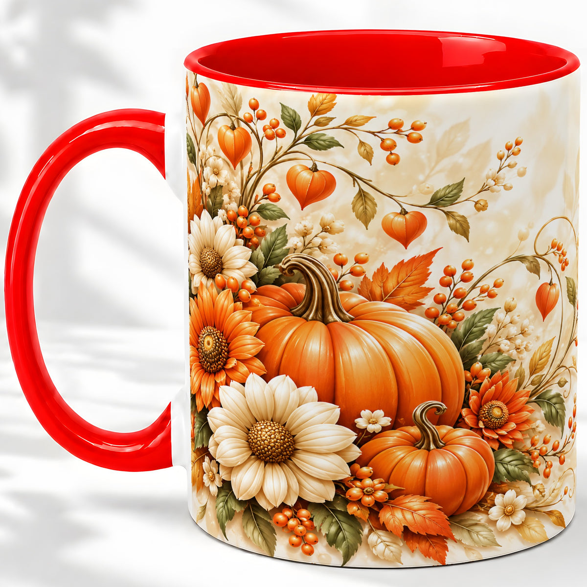 Autumn Pumpkin Floral Ceramic Mug, Sunflower Harvest Artwork