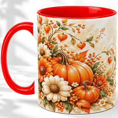Autumn Pumpkin Floral Ceramic Mug, Sunflower Harvest Artwork