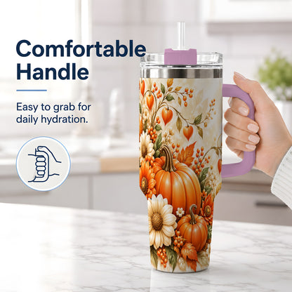 #pl[40oz|Pink] Autumn Pumpkin Floral 40oz Tumbler, Sunflower Harvest Artwork