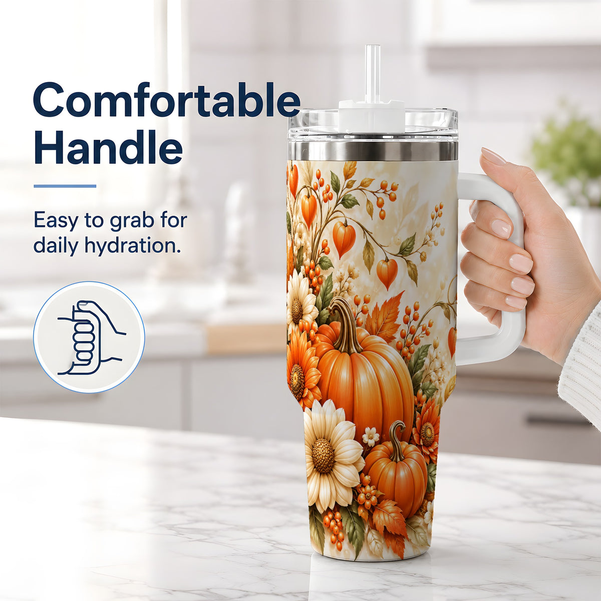 #pl[40oz|White] Autumn Pumpkin Floral 40oz Tumbler, Sunflower Harvest Artwork