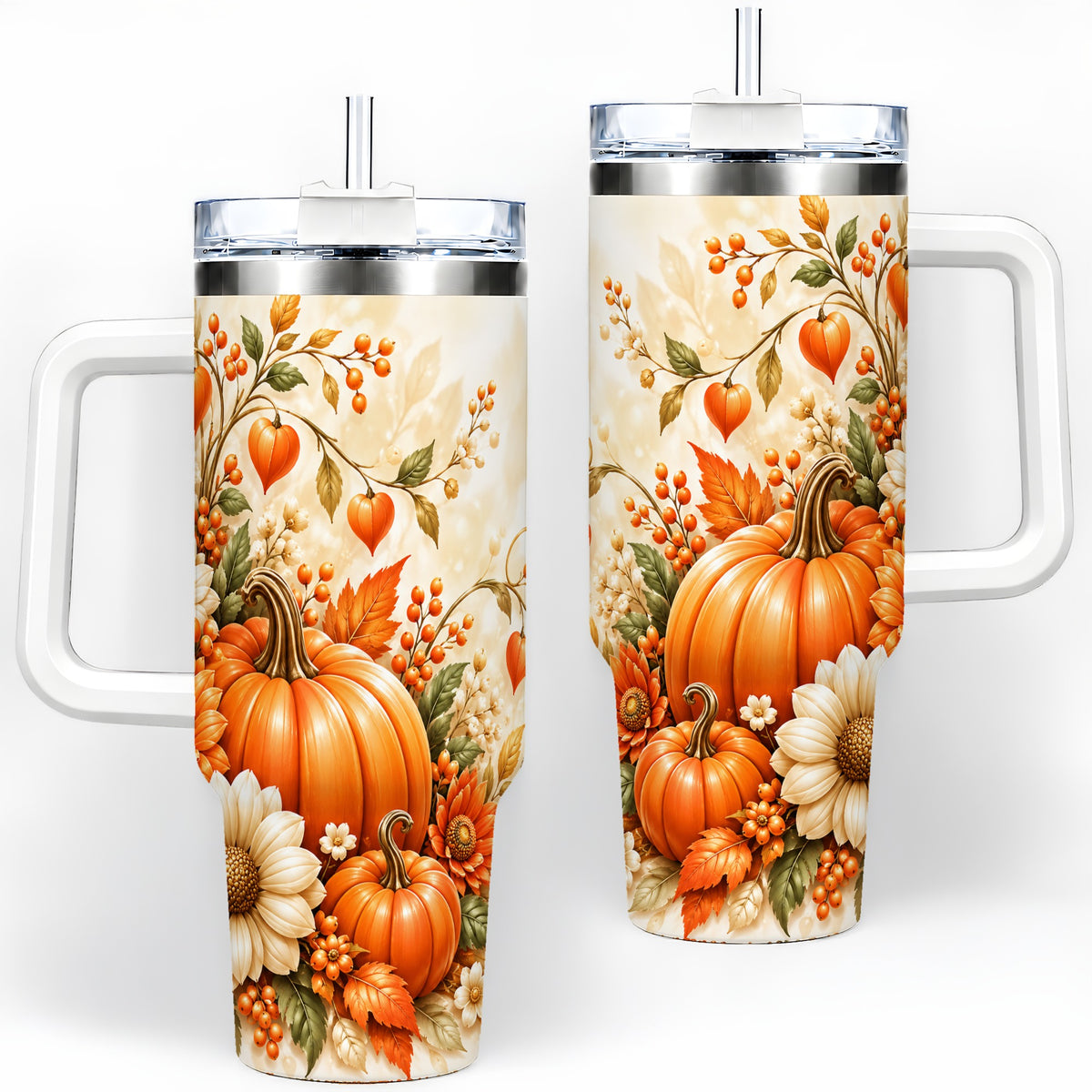 Autumn Pumpkin Floral 40oz Tumbler, Sunflower Harvest Artwork