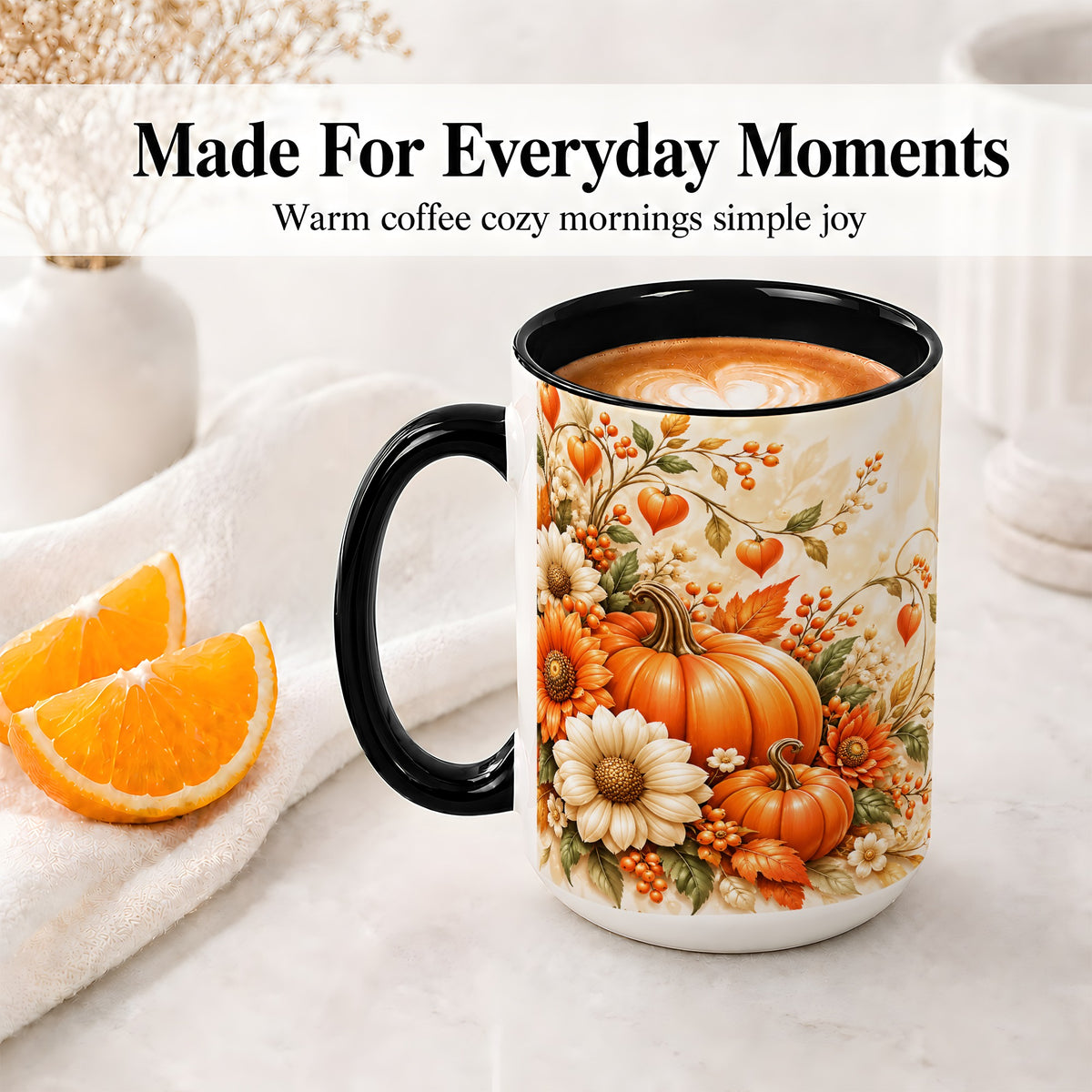 #pl[15oz|Black] Autumn Pumpkin Floral Ceramic Mug, Sunflower Harvest Artwork