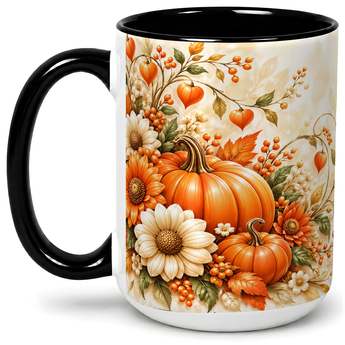 #pl[15oz|Black] Autumn Pumpkin Floral Ceramic Mug, Sunflower Harvest Artwork