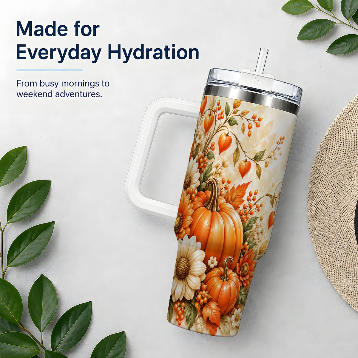 Autumn Pumpkin Floral 40oz Tumbler, Sunflower Harvest Artwork