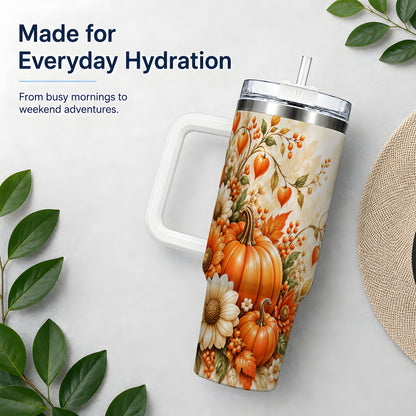 Autumn Pumpkin Floral 40oz Tumbler, Sunflower Harvest Artwork