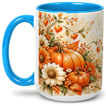 #pl[15oz|Blue] Autumn Pumpkin Floral Ceramic Mug, Sunflower Harvest Artwork