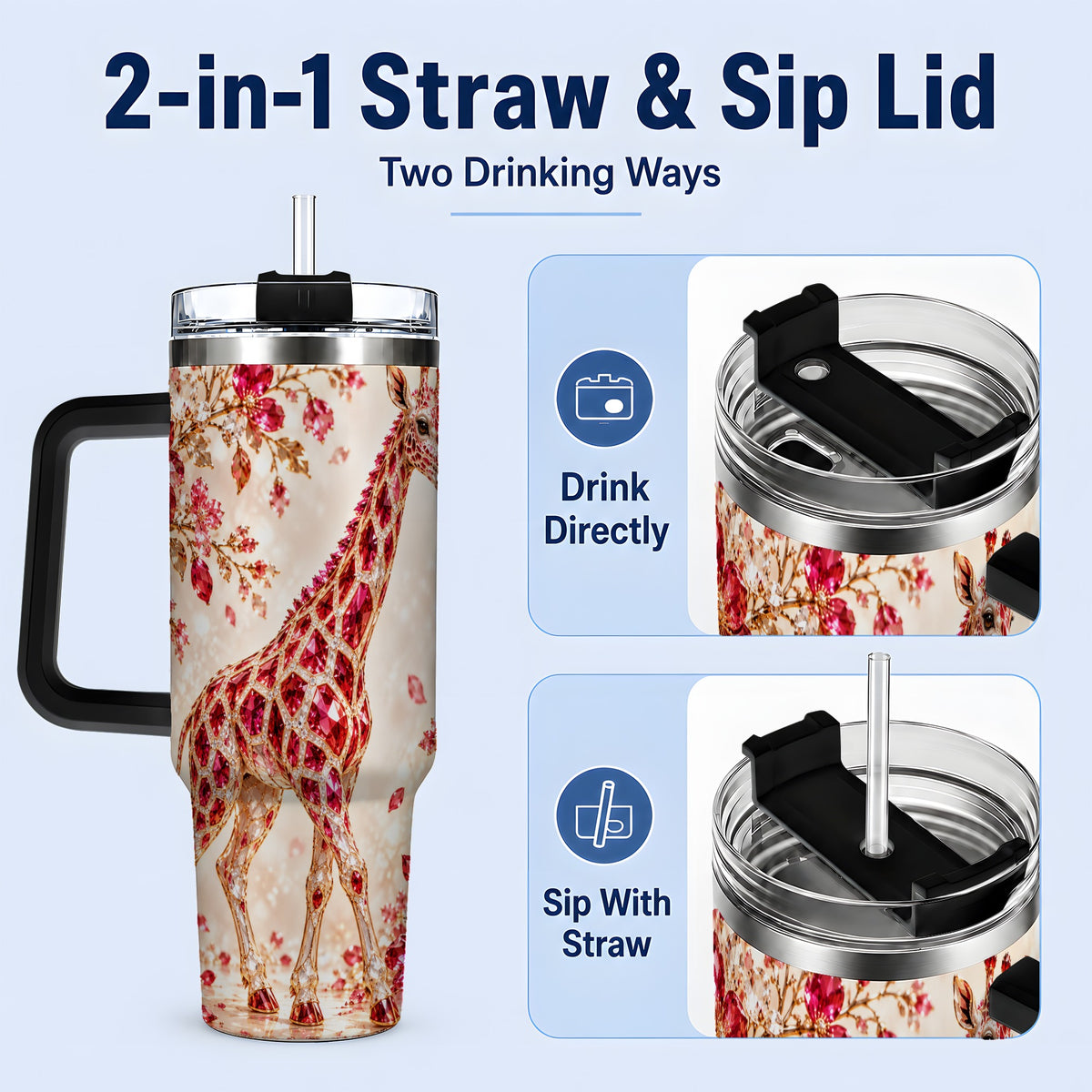 #pl[40oz|Black] Red Giraffe Floral 40oz Tumbler, Faceted Animal Artwork for Giraffe Fans