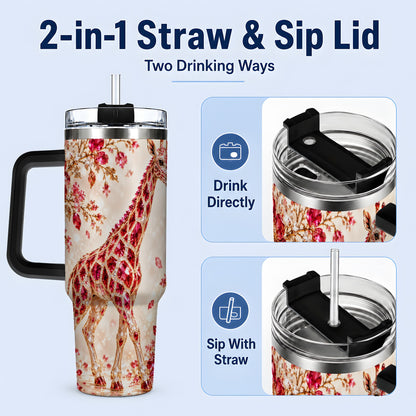 #pl[40oz|Black] Red Giraffe Floral 40oz Tumbler, Faceted Animal Artwork for Giraffe Fans