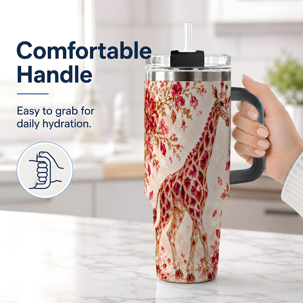 #pl[40oz|Black] Red Giraffe Floral 40oz Tumbler, Faceted Animal Artwork for Giraffe Fans