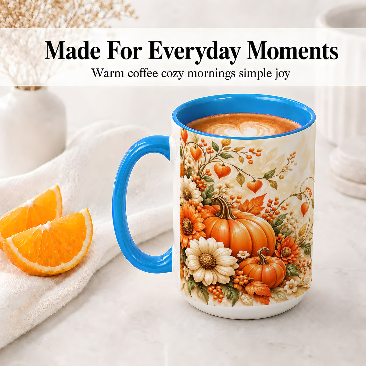 #pl[15oz|Blue] Autumn Pumpkin Floral Ceramic Mug, Sunflower Harvest Artwork