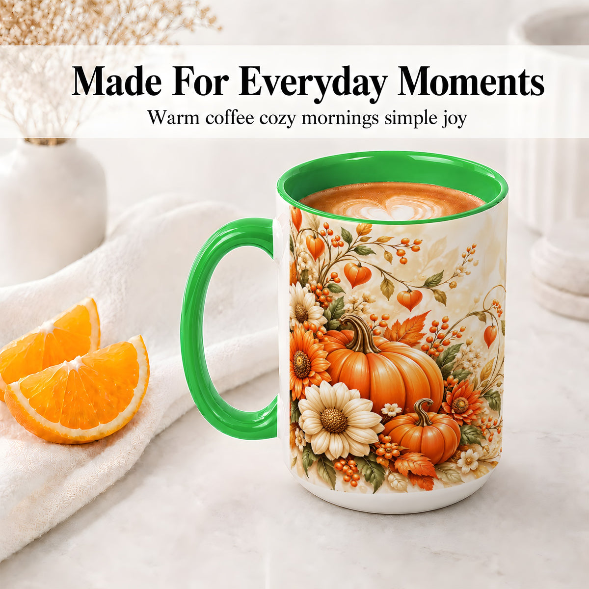 #pl[15oz|Green] Autumn Pumpkin Floral Ceramic Mug, Sunflower Harvest Artwork