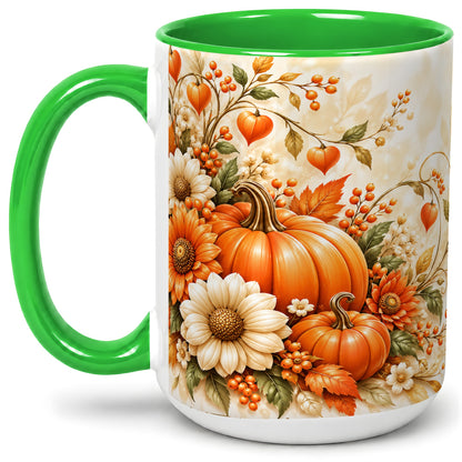 #pl[15oz|Green] Autumn Pumpkin Floral Ceramic Mug, Sunflower Harvest Artwork