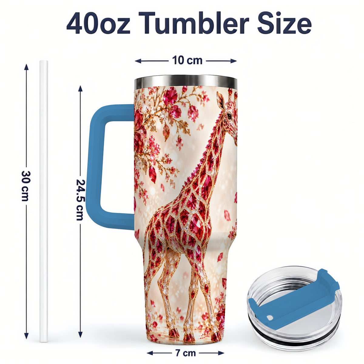 #pl[40oz|Blue] Red Giraffe Floral 40oz Tumbler, Faceted Animal Artwork for Giraffe Fans