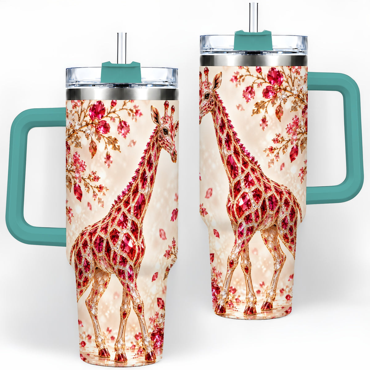 #pl[40oz|Green] Red Giraffe Floral 40oz Tumbler, Faceted Animal Artwork for Giraffe Fans