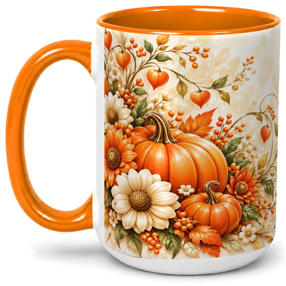 #pl[15oz|Orange] Autumn Pumpkin Floral Ceramic Mug, Sunflower Harvest Artwork