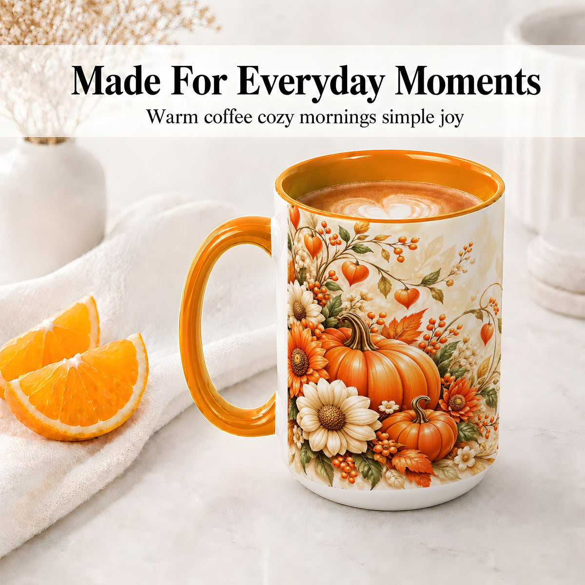 #pl[15oz|Orange] Autumn Pumpkin Floral Ceramic Mug, Sunflower Harvest Artwork