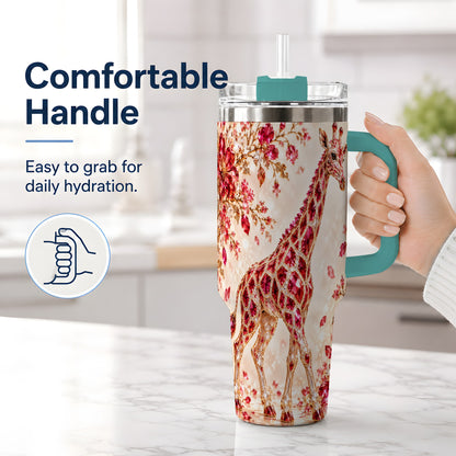 #pl[40oz|Green] Red Giraffe Floral 40oz Tumbler, Faceted Animal Artwork for Giraffe Fans