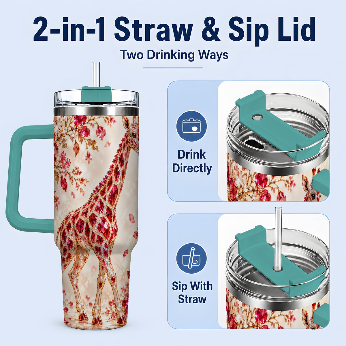 #pl[40oz|Green] Red Giraffe Floral 40oz Tumbler, Faceted Animal Artwork for Giraffe Fans