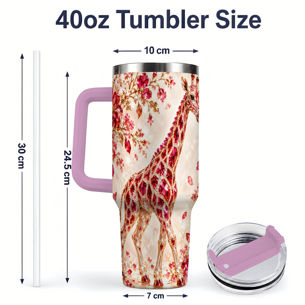#pl[40oz|Pink] Red Giraffe Floral 40oz Tumbler, Faceted Animal Artwork for Giraffe Fans