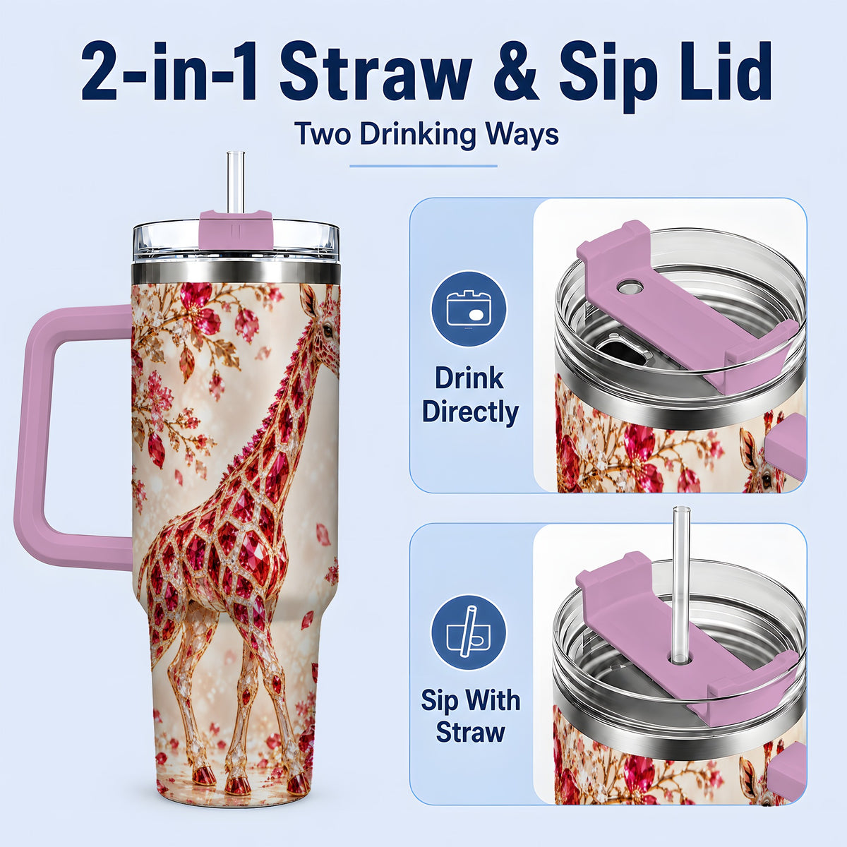 #pl[40oz|Pink] Red Giraffe Floral 40oz Tumbler, Faceted Animal Artwork for Giraffe Fans