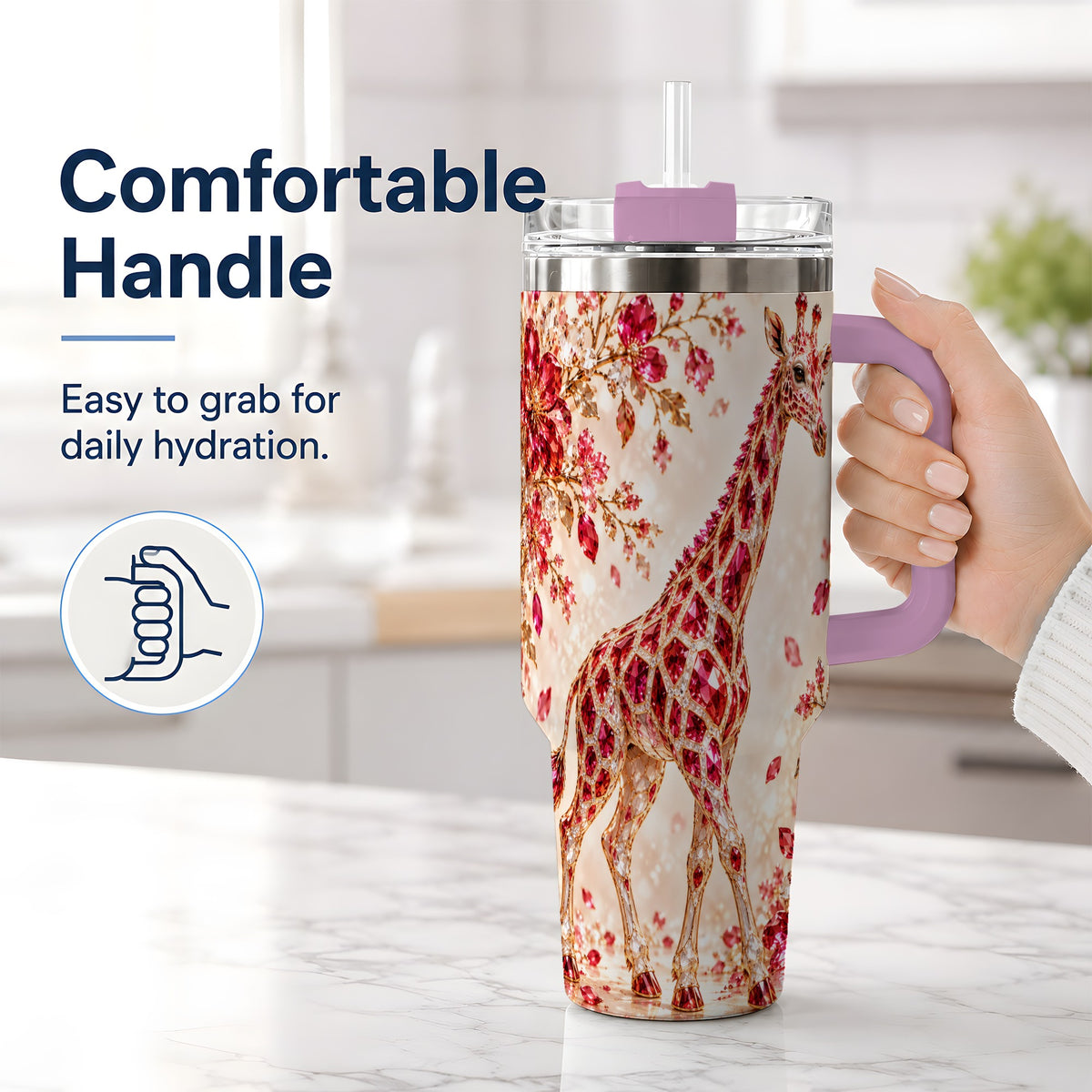 #pl[40oz|Pink] Red Giraffe Floral 40oz Tumbler, Faceted Animal Artwork for Giraffe Fans
