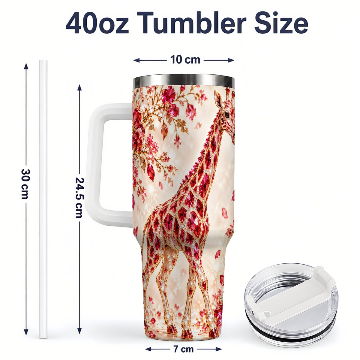 #pl[40oz|White] Red Giraffe Floral 40oz Tumbler, Faceted Animal Artwork for Giraffe Fans