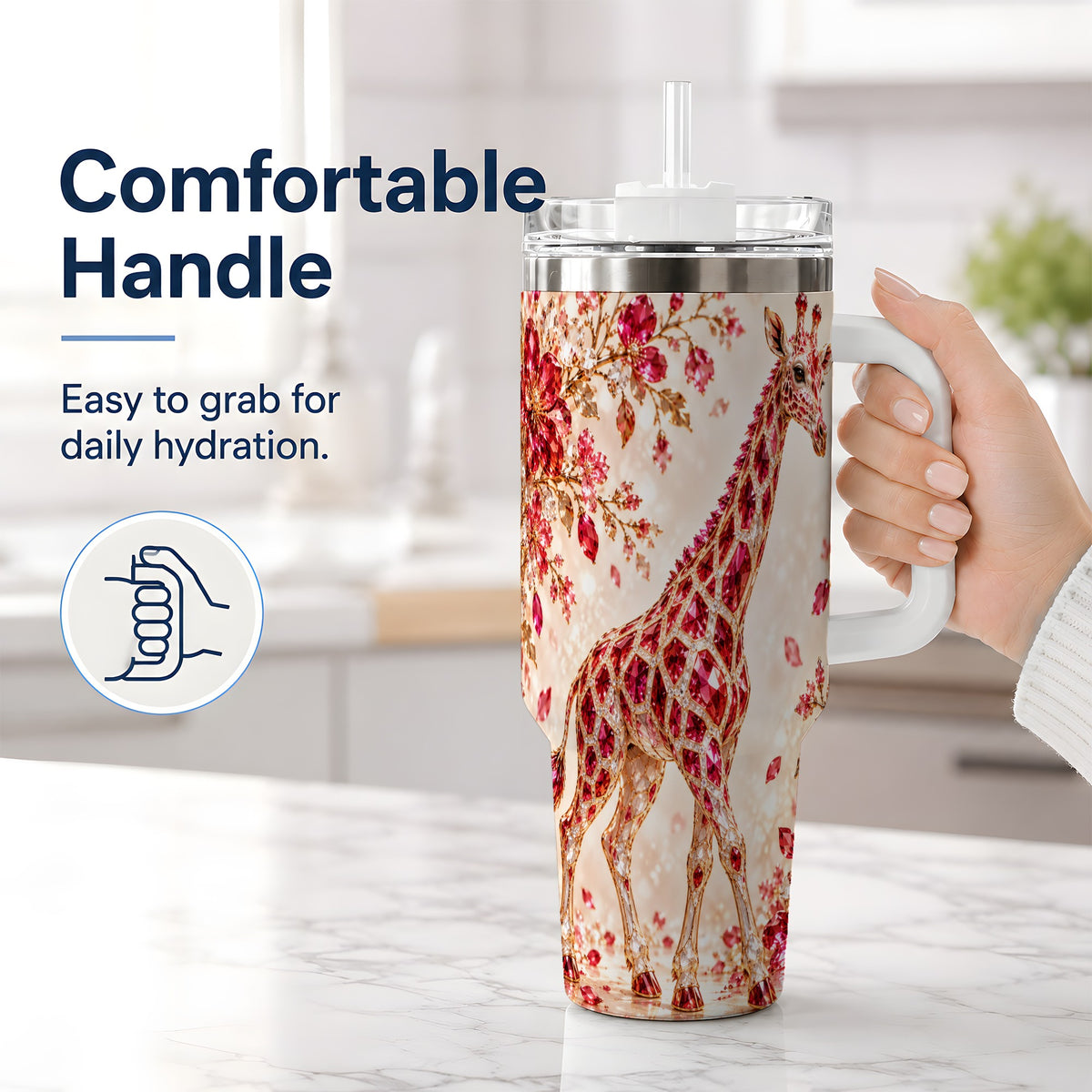 #pl[40oz|White] Red Giraffe Floral 40oz Tumbler, Faceted Animal Artwork for Giraffe Fans
