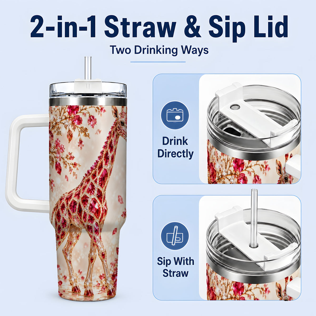 #pl[40oz|White] Red Giraffe Floral 40oz Tumbler, Faceted Animal Artwork for Giraffe Fans