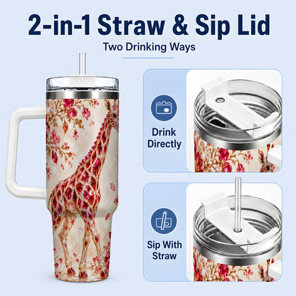 #pl[40oz|White] Red Giraffe Floral 40oz Tumbler, Faceted Animal Artwork for Giraffe Fans