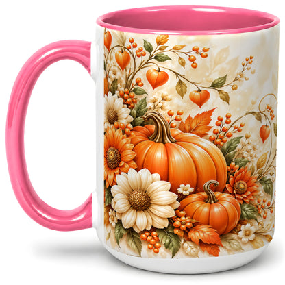 #pl[15oz|Pink] Autumn Pumpkin Floral Ceramic Mug, Sunflower Harvest Artwork