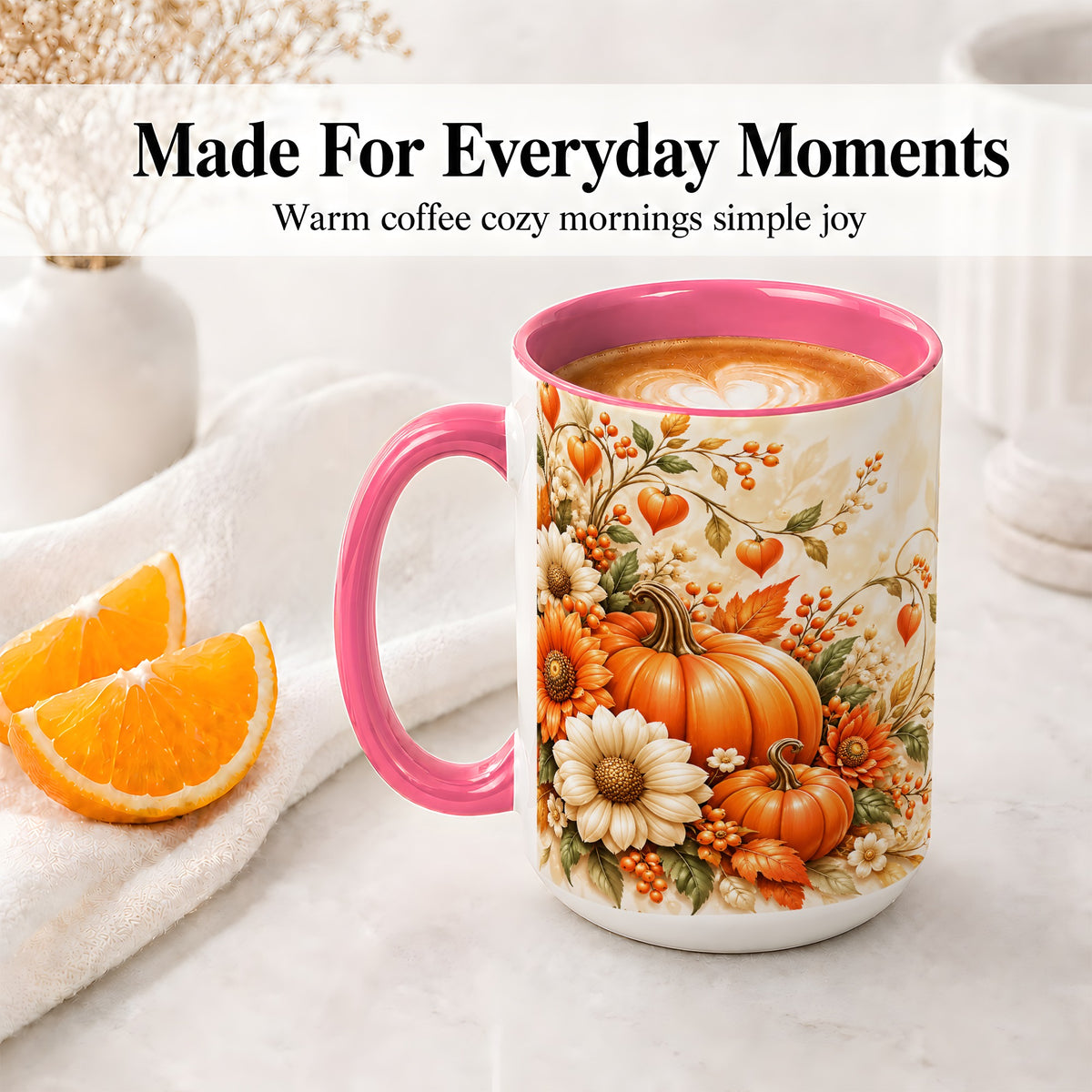 #pl[15oz|Pink] Autumn Pumpkin Floral Ceramic Mug, Sunflower Harvest Artwork