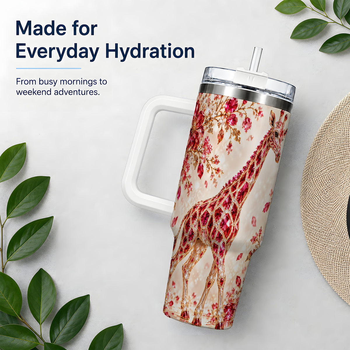 Red Giraffe Floral 40oz Tumbler, Faceted Animal Artwork for Giraffe Fans