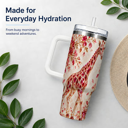 Red Giraffe Floral 40oz Tumbler, Faceted Animal Artwork for Giraffe Fans