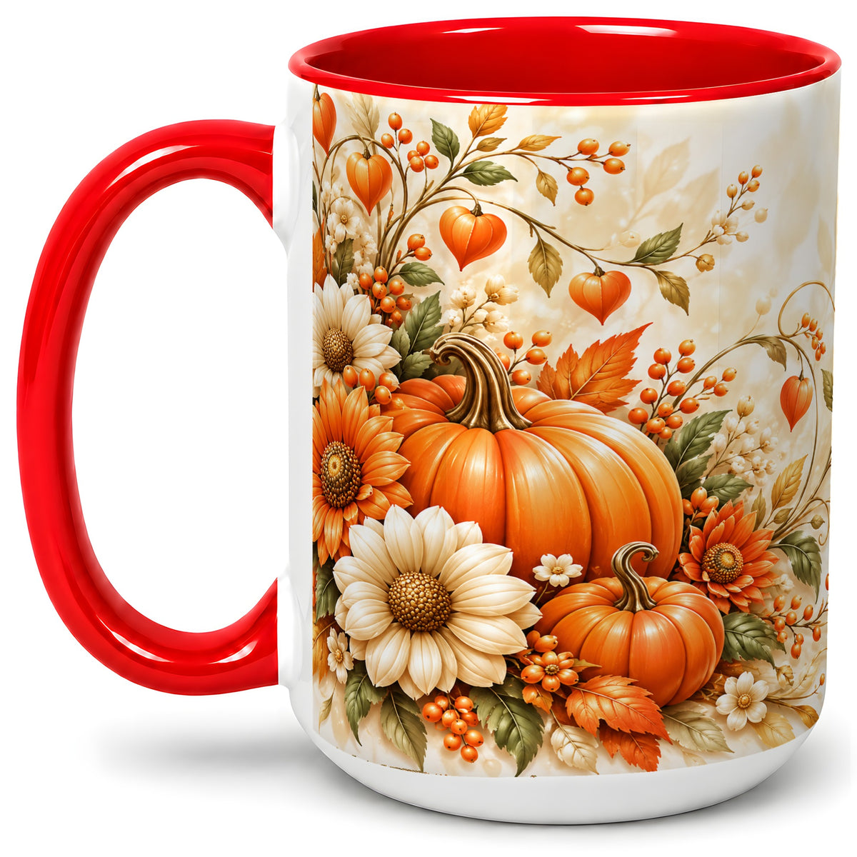 #pl[15oz|Red] Autumn Pumpkin Floral Ceramic Mug, Sunflower Harvest Artwork