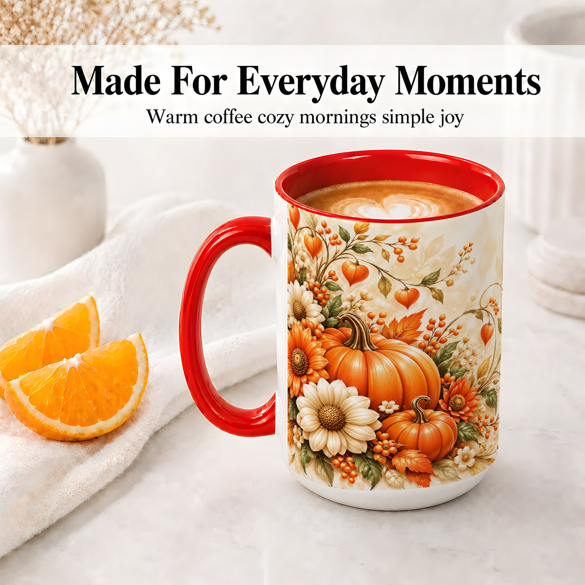 #pl[15oz|Red] Autumn Pumpkin Floral Ceramic Mug, Sunflower Harvest Artwork