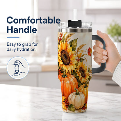 #pl[40oz|Black] Autumn Sunflower Tumbler, 40oz Tumbler with Pumpkin Fall Artwork