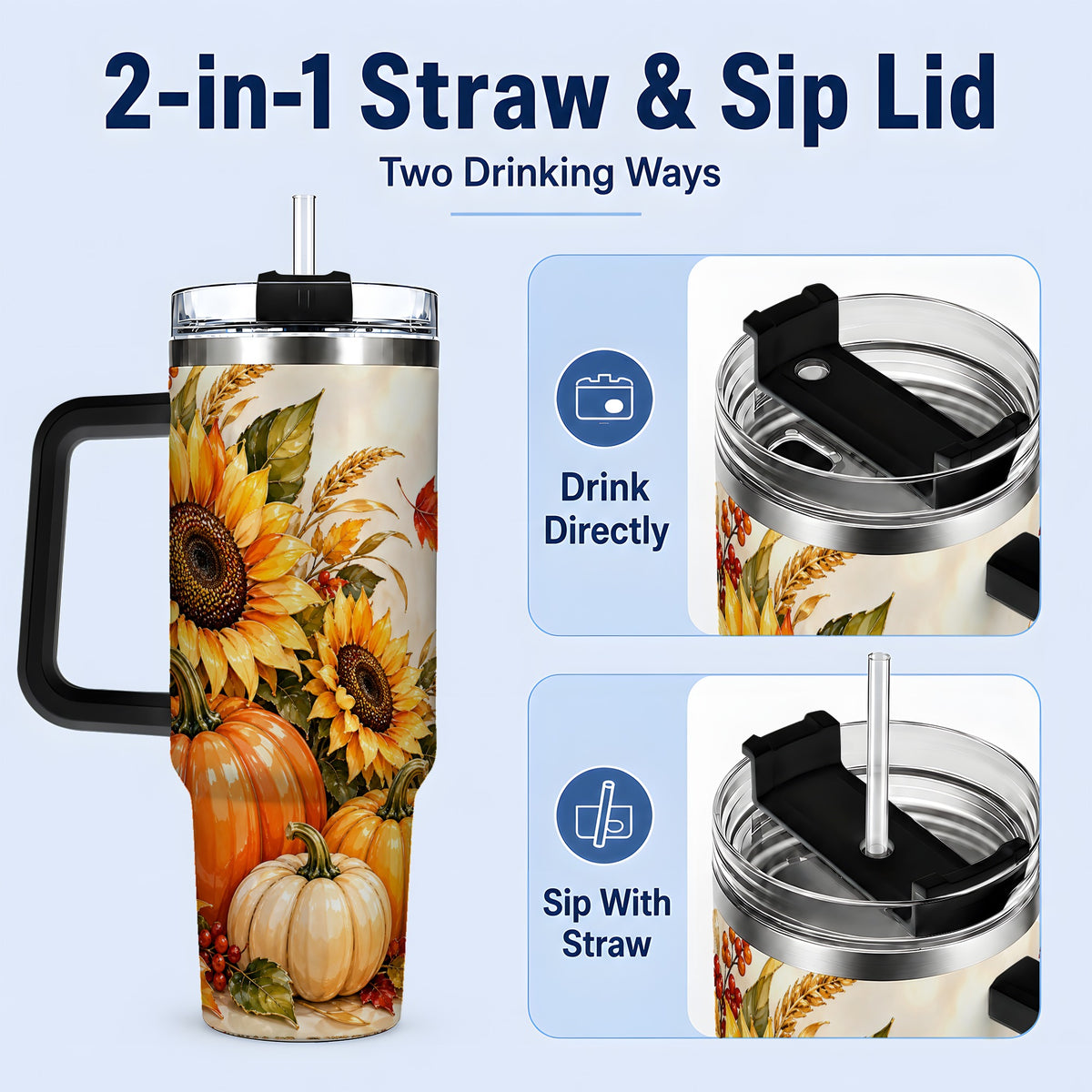 #pl[40oz|Black] Autumn Sunflower Tumbler, 40oz Tumbler with Pumpkin Fall Artwork