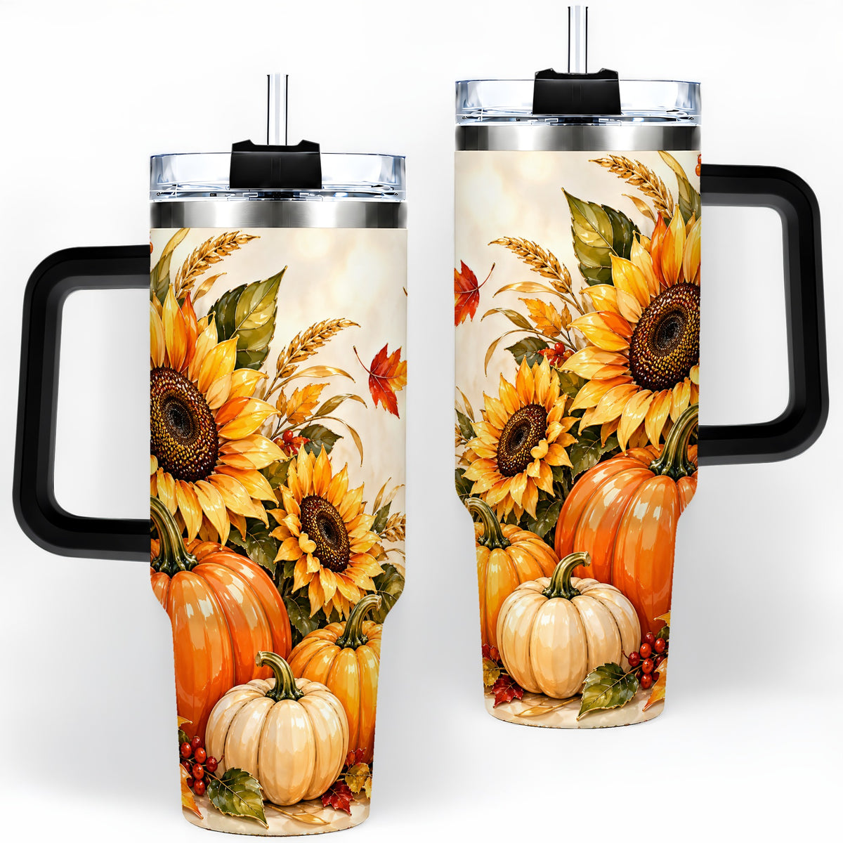 #pl[40oz|Black] Autumn Sunflower Tumbler, 40oz Tumbler with Pumpkin Fall Artwork