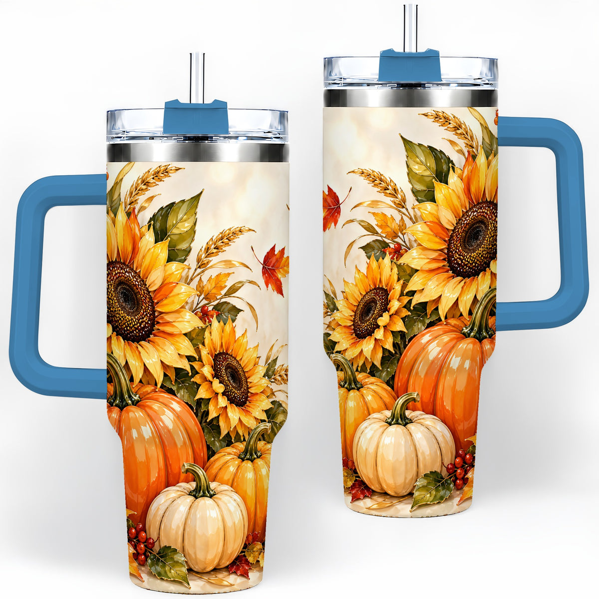 #pl[40oz|Blue] Autumn Sunflower Tumbler, 40oz Tumbler with Pumpkin Fall Artwork