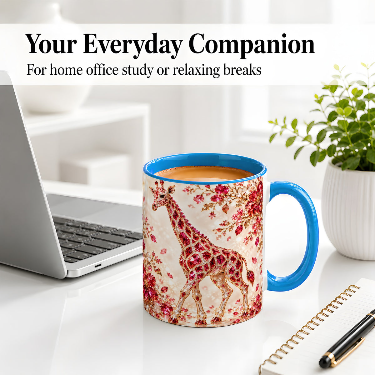 #pl[11oz|Blue] Red Giraffe Floral Ceramic Mug, Faceted Artwork for Giraffe Fans