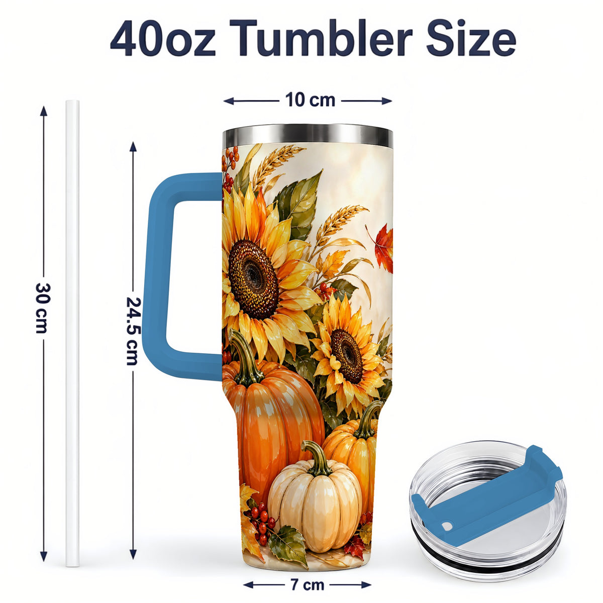 #pl[40oz|Blue] Autumn Sunflower Tumbler, 40oz Tumbler with Pumpkin Fall Artwork