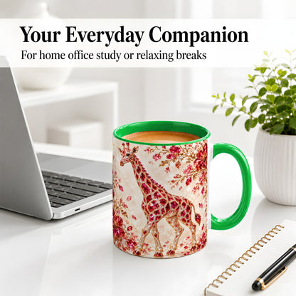 #pl[11oz|Green] Red Giraffe Floral Ceramic Mug, Faceted Artwork for Giraffe Fans