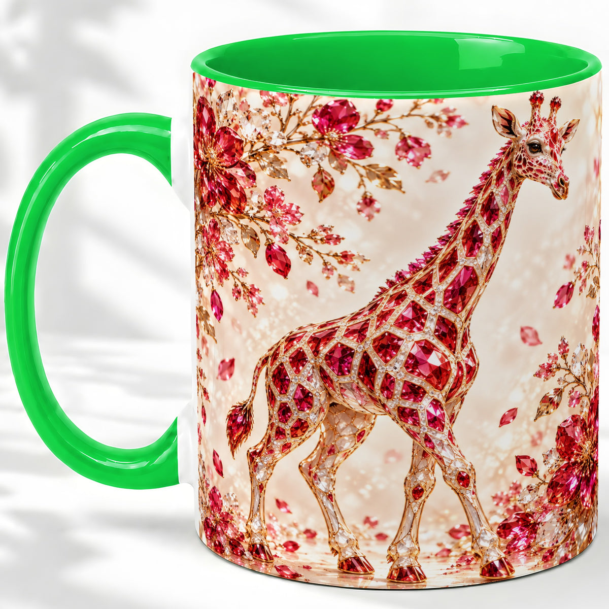 #pl[11oz|Green] Red Giraffe Floral Ceramic Mug, Faceted Artwork for Giraffe Fans