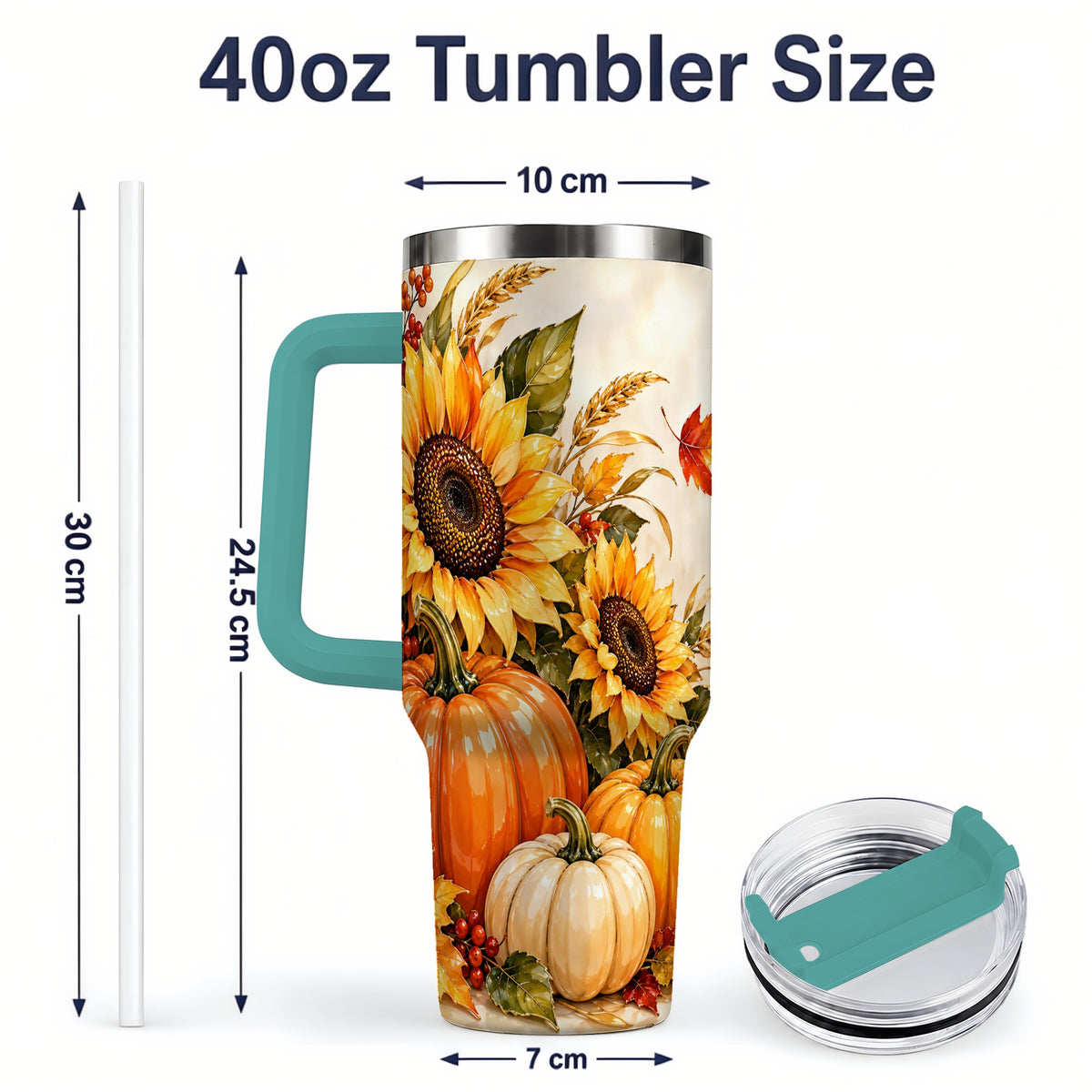 #pl[40oz|Green] Autumn Sunflower Tumbler, 40oz Tumbler with Pumpkin Fall Artwork