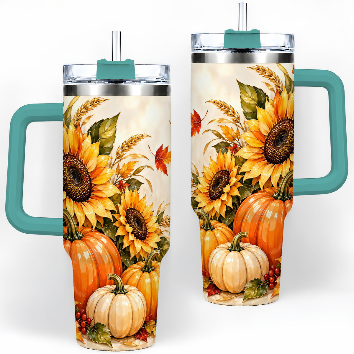 #pl[40oz|Green] Autumn Sunflower Tumbler, 40oz Tumbler with Pumpkin Fall Artwork