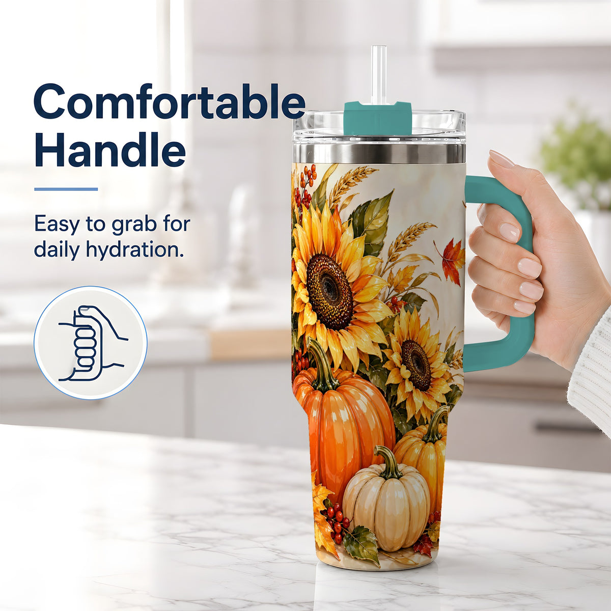 #pl[40oz|Green] Autumn Sunflower Tumbler, 40oz Tumbler with Pumpkin Fall Artwork