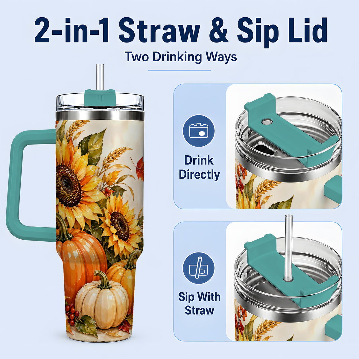 #pl[40oz|Green] Autumn Sunflower Tumbler, 40oz Tumbler with Pumpkin Fall Artwork